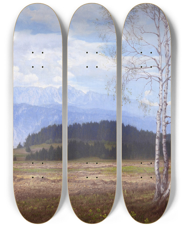 Triptych art skateboard deck of Michael Licklederer Blick Auf Das Kaisergebirge by Michael Licklederer (1863-1948)