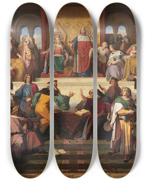 Triptych art skateboard deck of Moritz Von Schwind The Singers Contest On The Wartburg by Moritz Von Schwind (1804-1871)
