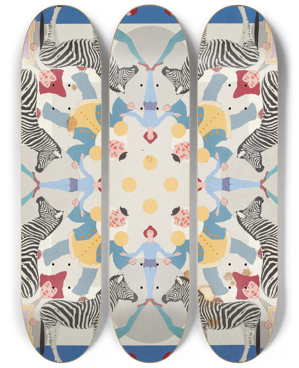 Triptych art skateboard deck of Maxfield Parrish Circus Bed Quilt by Maxfield Parrish (1870-1966)
