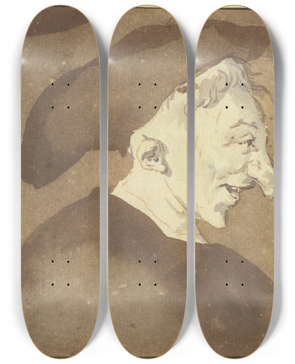 Triptych art skateboard deck of Cornelis Dusart Hideous Head_2 by Cornelis Dusart (1660-1704)