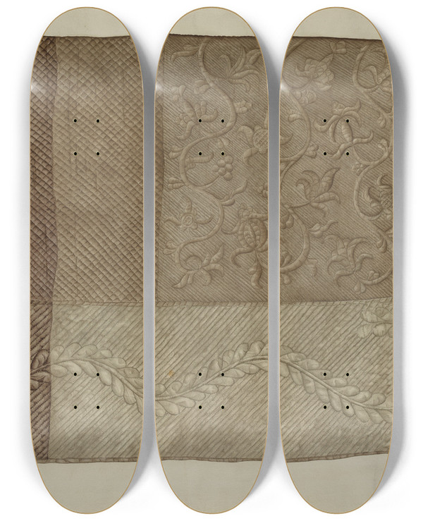Triptych art skateboard deck of A Zimet Bedspread by A Zimet