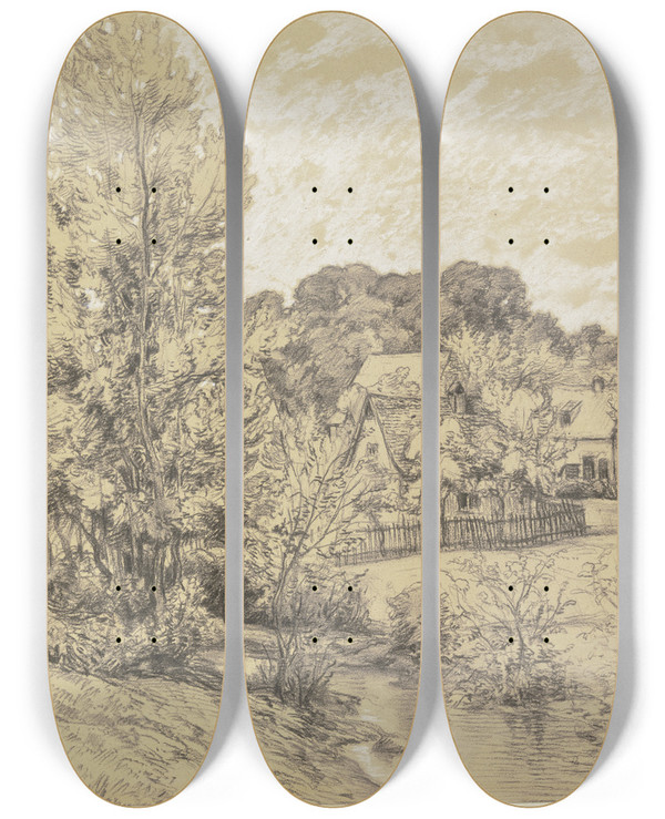 Triptych art skateboard deck of Peter Burnitz Ansicht Von Schnberg Bei Kronberg by Peter Burnitz (1824-1886)