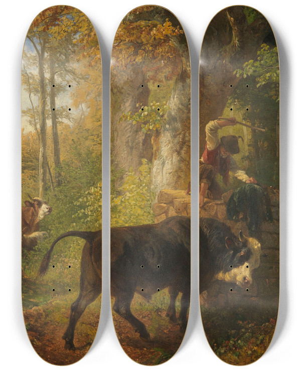 Triptych art skateboard deck of Friedrich Voltz Der Wildgewordene Stier by Friedrich Voltz (1817-1886)
