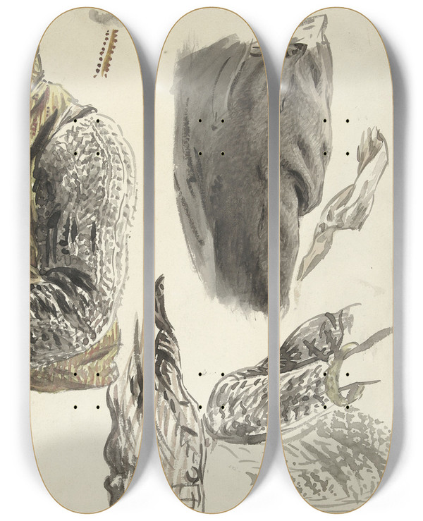 Triptych art skateboard deck of Simon Andreas Krausz Details Van Het Kostuum Van Een Visser by Simon Andreas Krausz (1760-1825)