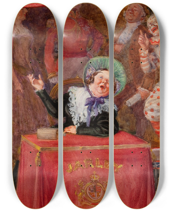 Triptych art skateboard deck of Frank Reynolds Jarley by Frank Reynolds (1771-1895)