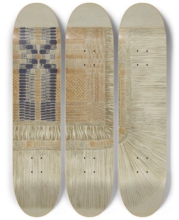Triptych art skateboard deck of Fred Peterson Handwoven Coverlet Detail by Fred Peterson