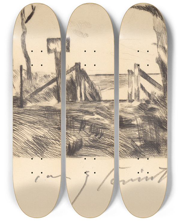Triptych art skateboard deck of Lovis Corinth Bridge With Sign Brcke Mit Tafel by Lovis Corinth (1858-1925)
