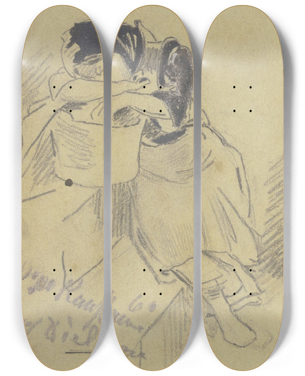Triptych art skateboard deck of Hugo Kauffmann Mdchen An Einer Treppe Auf Ihrem Korb Eingeschlafen by Hugo Kauffmann (1844-1915)