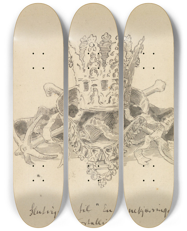 Triptych art skateboard deck of Hans Gude Brurestas by Hans Gude (1825-1903)