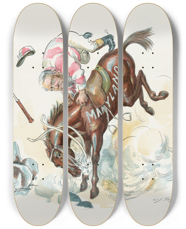 Triptych art skateboard deck of Charles Jay Taylor Shaking Him Off by Charles Jay Taylor (1855-1929)