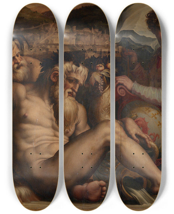 Triptych art skateboard deck of Giorgio Vasari Allegory Of Pescia by Giorgio Vasari (1511-1574)