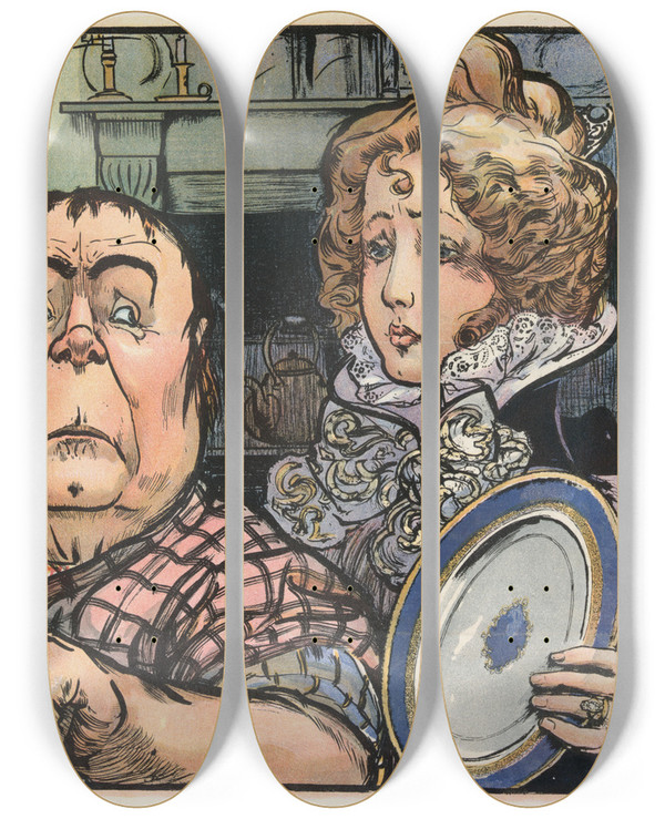 Triptych art skateboard deck of Frank Arthur Nankivell Evidently Newly Wed by Frank Arthur Nankivell (1869-1959)