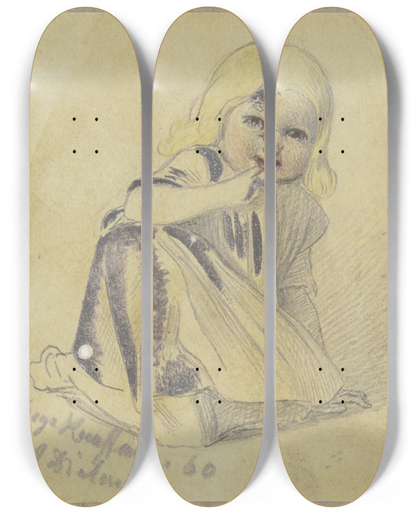 Triptych art skateboard deck of Hugo Kauffmann Little Girl On The Floor by Hugo Kauffmann (1844-1915)