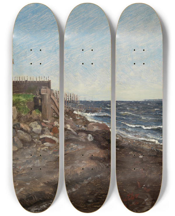 Triptych art skateboard deck of Jrgen Roed The Coast At Hellebk Study_1 by Jorgen Roed (1808-1888)