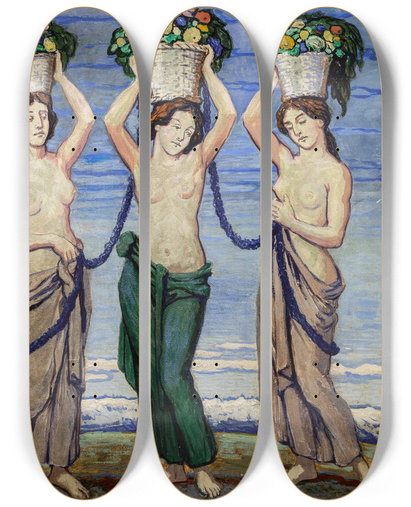 Triptych art skateboard deck of Wilhelm Ss Drei Grazien by Wilhelm Sus (1861-1933)