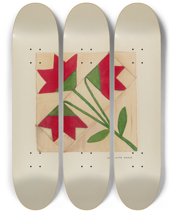 Triptych art skateboard deck of Charlotte Angus Quilt Block Pattern by Charlotte Angus (1911-1989)
