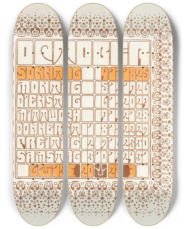 Triptych art skateboard deck of Alfred Roller Oktober by Alfred Roller (1864-1935)
