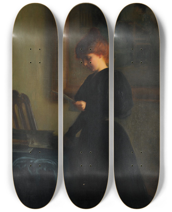 Triptych art skateboard deck of Paul Thomas Jeune Fille Lisant Une Lettre by Paul THOMAS (1859-1940)