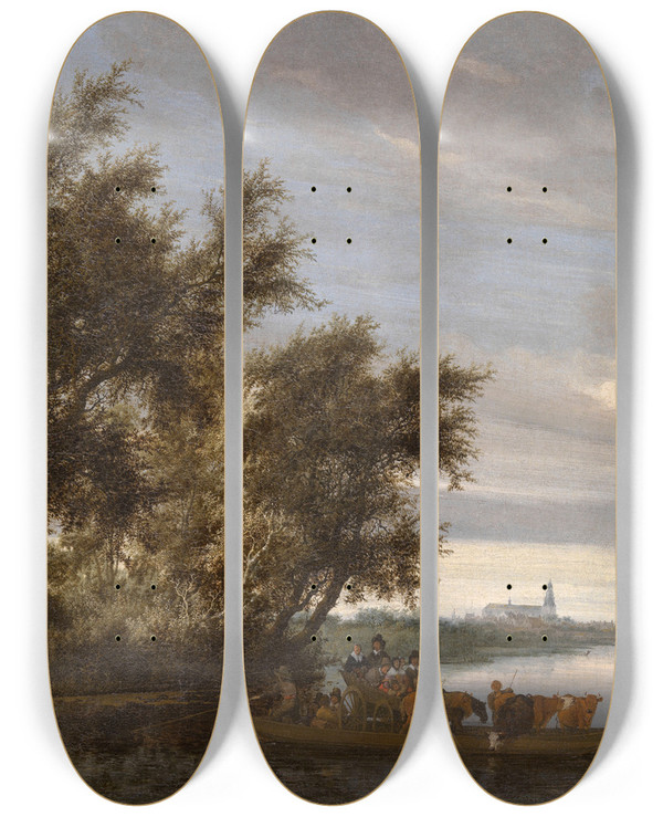 Triptych art skateboard deck of Salomon Van Ruysdael The Ferry by Salomon Van Ruysdael (1602-1670)