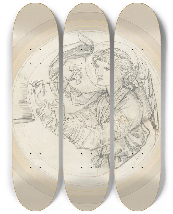 Triptych art skateboard deck of Sir Edward Coley Burnejones Angel Playing On Bells_4 by Sir Edward Coley Burne-Jones (1833-1898)
