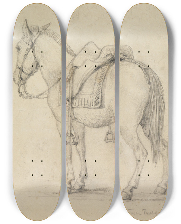 Triptych art skateboard deck of Ferdinand Keller Studie Gesatteltes Pferd Von Hinten Seitlich by Ferdinand Keller (1842-1922)