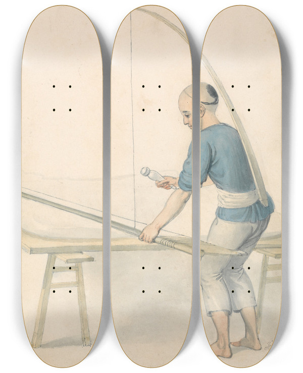 Triptych art skateboard deck of Thomas Stothard Chinese Youth Weaving by Thomas Stothard (1755-1834)