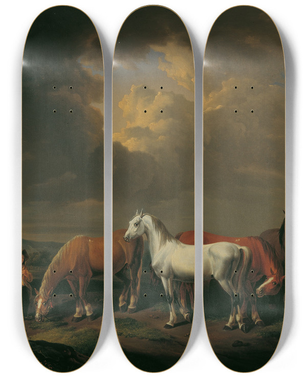 Triptych art skateboard deck of Johann Baptist Dallinger Von Dalling Fnf Ackerpferde by Johann Baptist Dallinger Von Dalling (1782-1868)