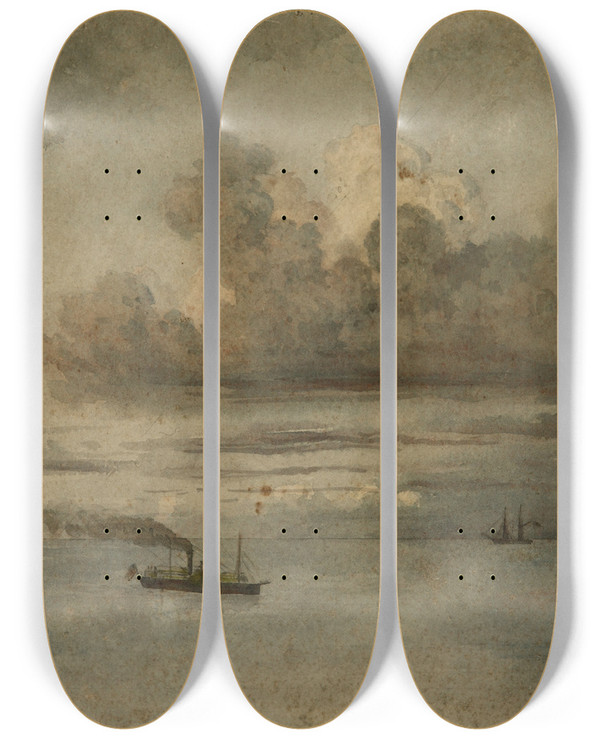 Triptych art skateboard deck of Prilidiano Pueyrredn Paisaje Con Barcos by Prilidiano Pueyrredon (1823-1870)