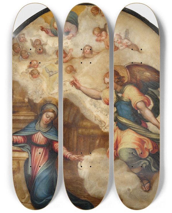 Triptych art skateboard deck of Tuscan School The Annunciation by Tuscan School