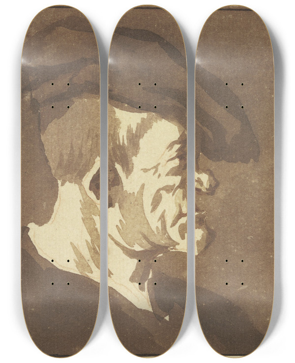 Triptych art skateboard deck of Cornelis Dusart Hideous Head 2 by Cornelis Dusart (1660-1704)