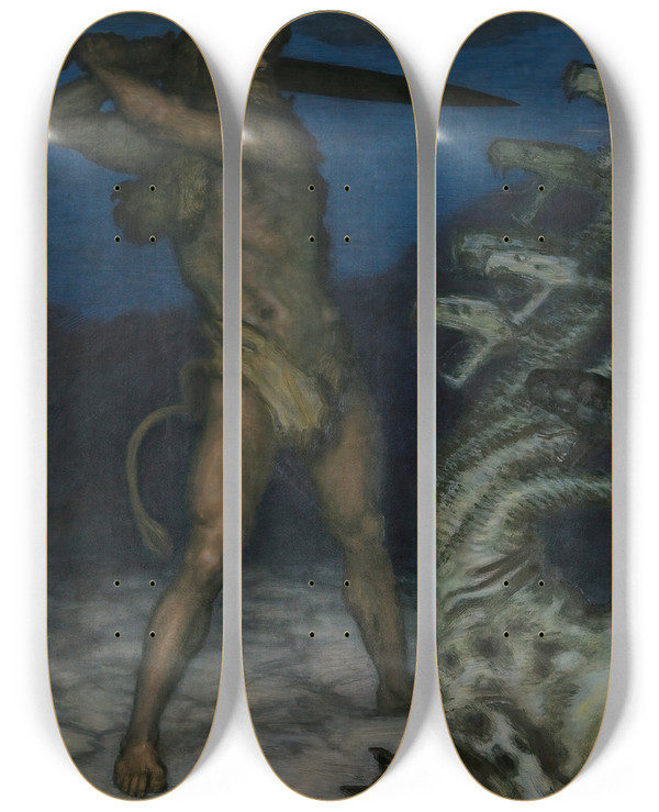 Triptych art skateboard deck of Franz Von Stuck Herkules Und Die Hydra by Franz Von Stuck (1863-1928)