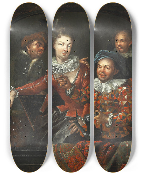 Triptych art skateboard deck of Benot Le Coffre Four People In A Niche by Benoit Le Coffre (1671-1722)