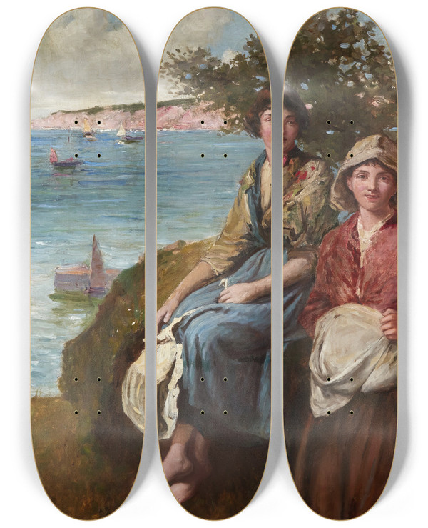 Triptych art skateboard deck of Frederick Morgan On The Cliffs by Frederick Morgan (1847-1927)