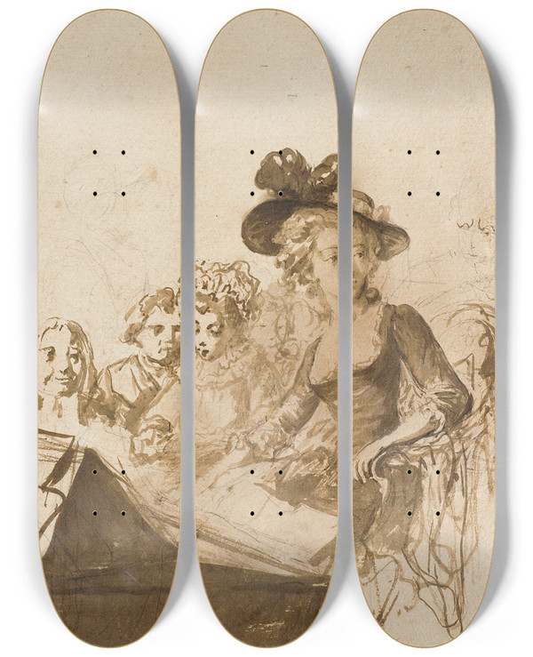 Triptych art skateboard deck of Philibertlouis Debucourt Soire Intime by Philibert-Louis Debucourt (1755-1832)