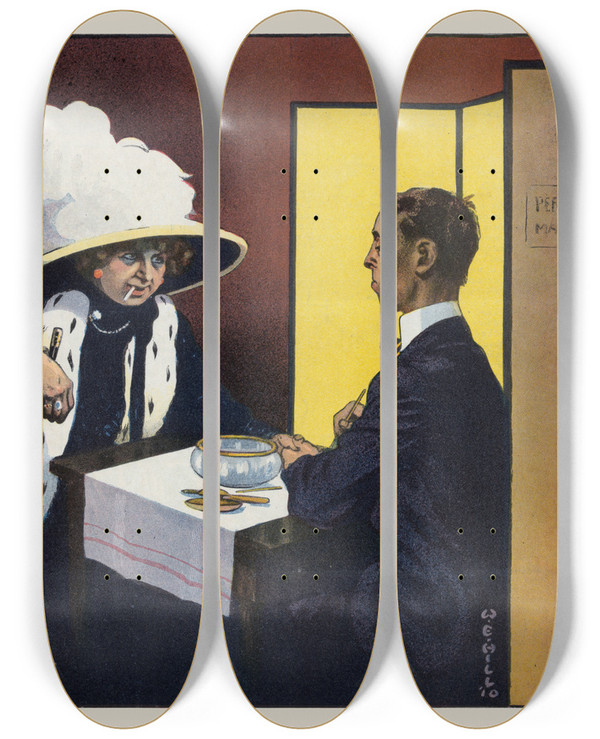 Triptych art skateboard deck of William Ely Hill The Manicure by William Ely Hill (1887-1962)