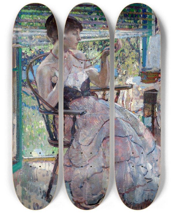 Triptych art skateboard deck of Richard E Miller The Necklace by Richard E Miller (1875-1943)