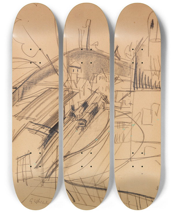 Triptych art skateboard deck of Ernst Ludwig Kirchner Bahnhof Knigstein by Ernst Ludwig Kirchner (1880-1938)
