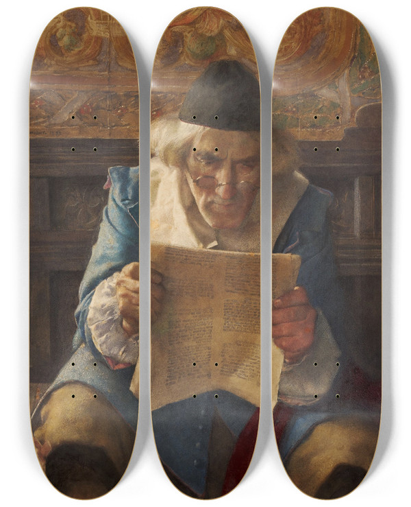Triptych art skateboard deck of William John Wainwright Reading The Letter by William John Wainwright (1855-1931)