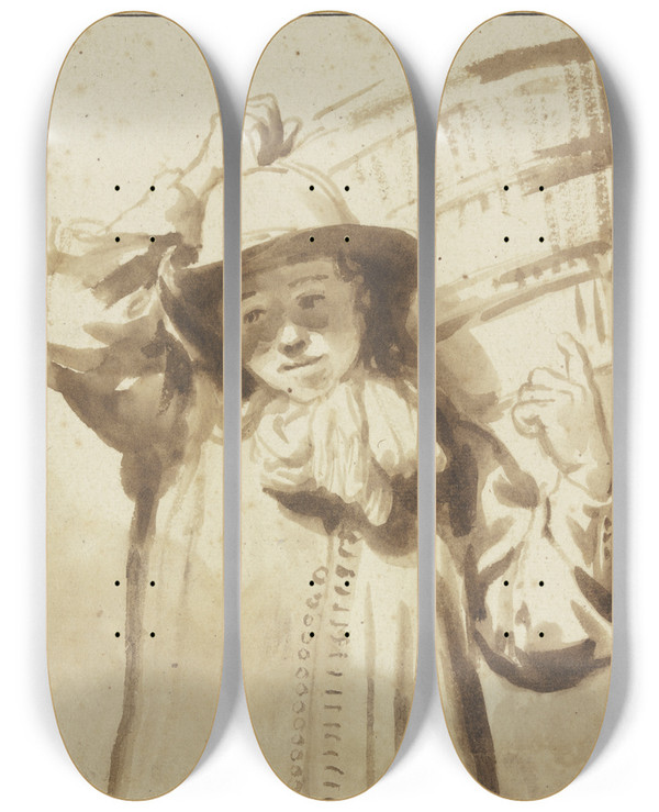 Triptych art skateboard deck of Gerbrand Van Den Eeckhout Boy Carrying A Basket by Gerbrand van den Eeckhout (1621-1674)