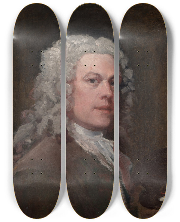Triptych art skateboard deck of William Hogarth Selfportrait_1 by William Hogarth (1697-1764)