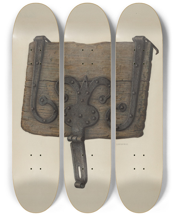Triptych art skateboard deck of Austin L Davison Conestoga Wagon Tool Box Lid by Austin L Davison