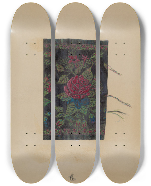 Triptych art skateboard deck of Ralph Atkinson Economy Sample Of Silk by Ralph Atkinson (20-)
