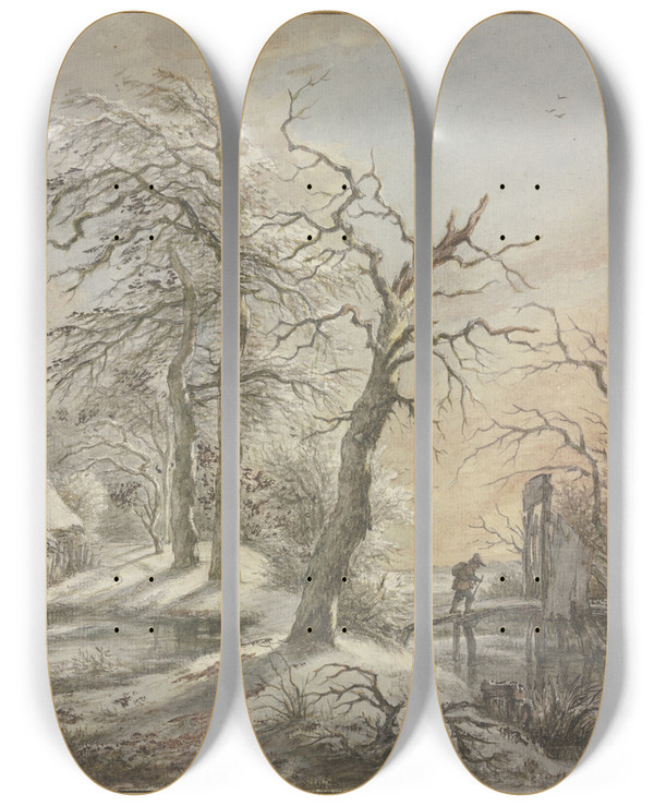 Triptych art skateboard deck of Jan Hulswit Winterlandschaft Ein Wanderer Berquert Auf Einem Steg Einen Bach by Jan Hulswit (1766-1822)