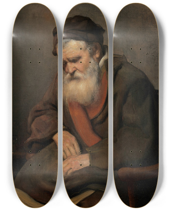 Triptych art skateboard deck of Abraham Van Dijck Old Man Asleep by Abraham Van Dijck (1635-1680)