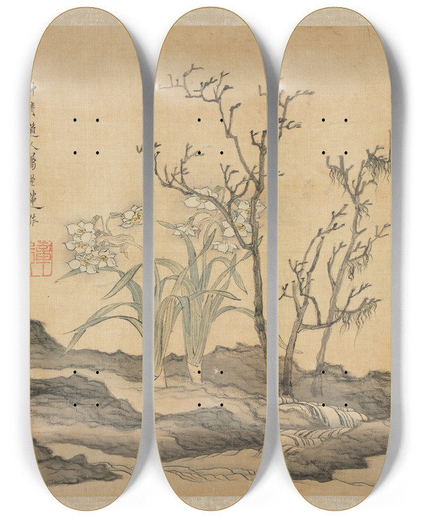 Triptych art skateboard deck of Chen Hongshou Narcissus And Bare Trees by Chen Hongshou (1598-1652)