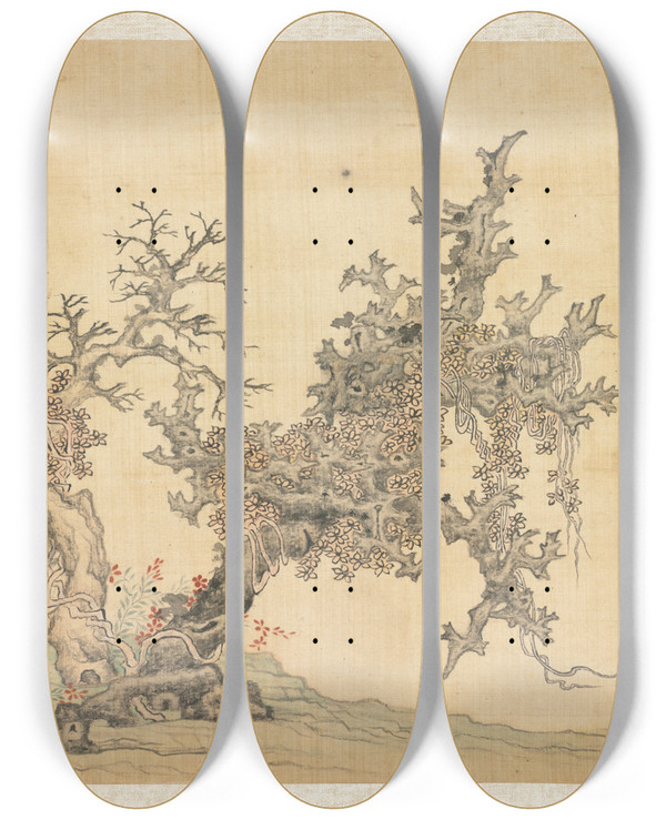 Triptych art skateboard deck of Chen Hongshou An Ancient Tree by Chen Hongshou (1598-1652)