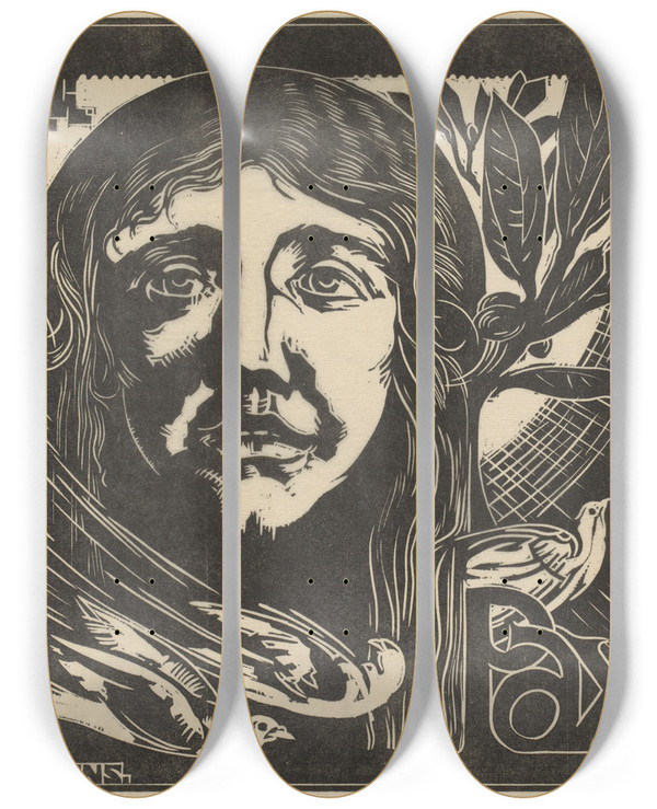 Triptych art skateboard deck of Huib Luns Personificatie Van De Vrede Met Duiven by Huib Luns (1881-1942)