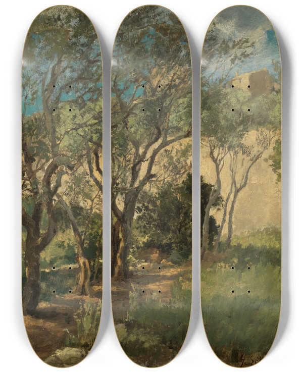Triptych art skateboard deck of Gustav Schnleber Olivenhain Bei Genua by Gustav Schonleber (1851-1917)
