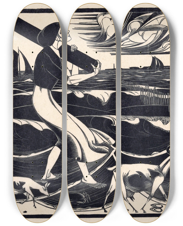 Triptych art skateboard deck of Bernard Essers Strand_2 by Bernard Essers (1893-1945)
