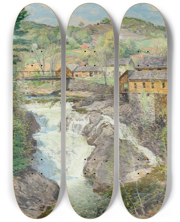 Triptych art skateboard deck of Willard Leroy Metcalf The Falls by Willard Leroy Metcalf (1858-1925)